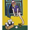 A cartoon-style woman in colorful clothes climbs out a window above a box of light bulbs, a loose bulb, and a green plant. With a bright yellow background and "Seven of Think," this is the Hip Chick Tarot by Schiffer Publishing, Ltd.
