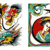 Left: Vibrant dragon and tiger heads with flowers evoke Japanese myths. Right: Geisha in kimono, cranes, waves, and rope—all in bold Japanese tattoo flash style from "Classic Flash 3" by Schiffer Publishing, Ltd.