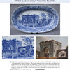 A blue and white oval platter, featured in "Extraordinary British Transferware: 1780-1840" by Schiffer Publishing, Ltd., shows a detailed transferware scene with an ancient arch and palm trees, plus close-up imagery and visible maker's mark.