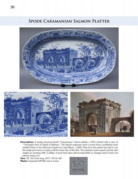 A blue and white oval platter, featured in "Extraordinary British Transferware: 1780-1840" by Schiffer Publishing, Ltd., shows a detailed transferware scene with an ancient arch and palm trees, plus close-up imagery and visible maker's mark.