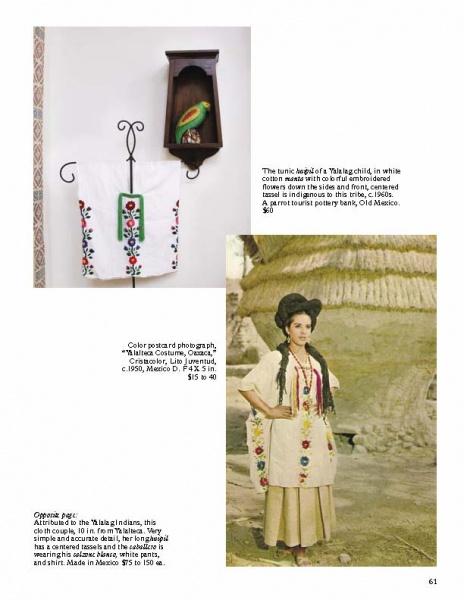 Page features three images—a white embroidered tunic, a postcard of a girl in similar attire, and a close-up of the tunic—all showcasing traditional Mexican clothing from "Mexican Popular Art" by Schiffer Publishing, Ltd.