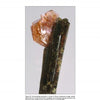 A cluster of transparent orange hexagonal crystals rests on a dark epidote specimen, featured against a light background in "Collector's Guide to the Epidote Group" by Schiffer Publishing, Ltd.