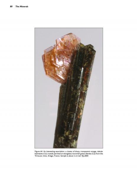 A cluster of transparent orange hexagonal crystals rests on a dark epidote specimen, featured against a light background in "Collector's Guide to the Epidote Group" by Schiffer Publishing, Ltd.