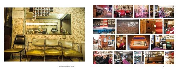 A collage from "Barbershops of America" by Schiffer Publishing, Ltd. shows four vintage yellow chairs and a mirror on the left, with Rob Hammer's barbershop photos—interiors, exteriors, chairs, and people—on the right.
