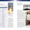 A two-page spread from "Saturn V" by Schiffer Publishing, Ltd. shows Apollo 13 info, Apollo mission details, tables, and four photos: a rocket launch, Saturn V at the pad, S-IVB stage transport, and crew in a simulator.