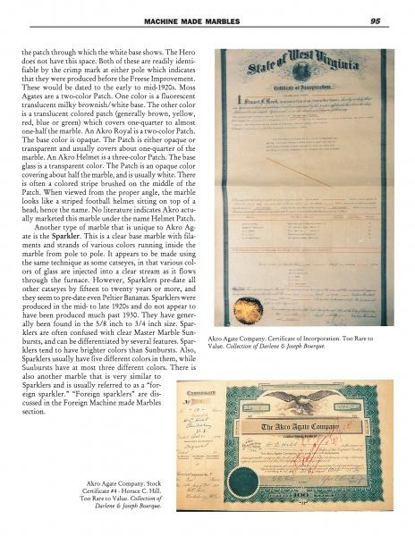A magazine page from "Marble Mania" by Schiffer Publishing, Ltd. displays info on machine-made marbles, with photos of a West Virginia certificate, stock certificate, and check—captions showcase Akro Agate memorabilia and marble collecting.