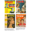 The book "Postwar Pop" by Schiffer Publishing, Ltd. showcases four vintage magazine covers with captions and estimated values, offering a colorful glimpse into the vibrant history of American popular culture.