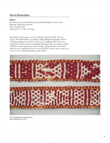 Two red and white wool bands with intricate geometric patterns illustrate Norwegian Pick-Up Bandweaving, as presented by Schiffer Publishing, Ltd. Each horizontal band highlights traditional detailed motifs on a white background.