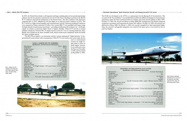 A spread from "The History of Dyess Air Force Base" by Schiffer Publishing, Ltd. features text, tables, and two photos of military aircraft—like a B-1B bomber—on outdoor display. The right page highlights a large image from Dyess AFB under clear blue skies.