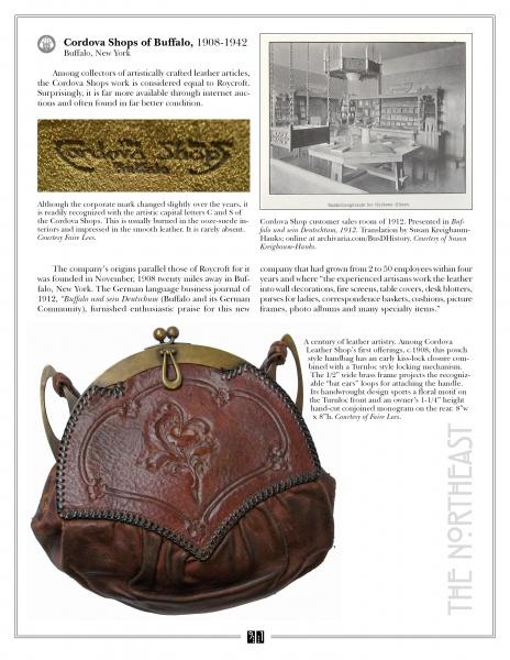 A vintage magazine page displays Artistic Leather of the Arts and Crafts Era by Schiffer Publishing, Ltd., with text, a sepia photo of a leatherworking studio, and a close-up of a hand-tooled, ornately embossed brown leather handbag.