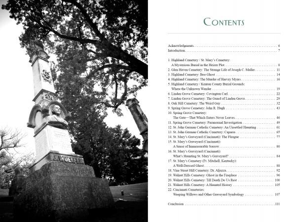 A black-and-white cemetery monument photo appears next to the Contents page of "Cincinnati Cemeteries" by Schiffer Publishing, Ltd., listing chapters on haunted cemeteries and burial sites in Cincinnati.