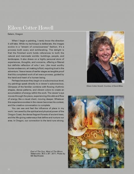 A magazine page features a smiling woman’s portrait, text about Eileen Cotter Howell, and a vibrant abstract painting—highlighting Northwest artists from "100 Artists of the Northwest" by Schiffer Publishing, Ltd.—at the bottom.