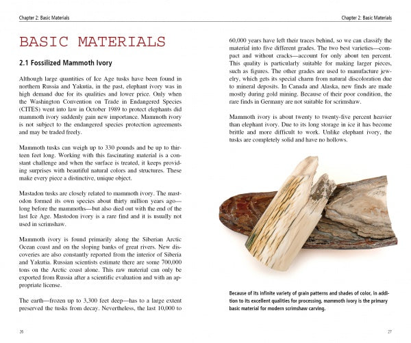 In "Scrimshaw in Theory and Practice" by Schiffer Publishing, Ltd., two pages cover fossilized mammoth ivory, with a photo of a cut piece and text about its sources, features, and use in scrimshaw engraving.