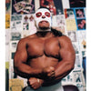 A muscular person in a white and red lucha libre mask flexes before a wall of Empire Wrestling Federation posters, embodying the spirit of pro wrestling celebrated in "Hard Boys and Bad Girls" by Schiffer Publishing, Ltd.