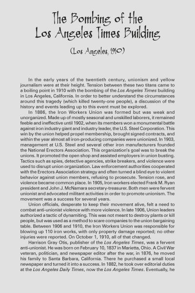 A black-and-white image shows a text page titled "The Bombing of the Los Angeles Times Building," discussing early 1900s unionism and true crime, from "Murder and Mayhem" by Schiffer Publishing, Ltd.