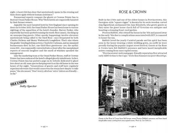 Paranormal Provincetown by Schiffer Publishing, Ltd. features a two-page spread on the Rose & Crown: Left page has text and a "File Under Salty Specter" folder; right page shows the historic building, Cape Cod hauntings, and Massachusetts paranormal lore.