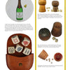 A page showcasing Champagne Collectibles by Schiffer Publishing, Ltd., with vintage champagne-themed dice sets, cork-shaped dice cases, a leather pouch, lettered and numbered dice, and a George Goulet bottle on a round tray, each item described.