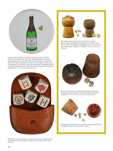 A page showcasing Champagne Collectibles by Schiffer Publishing, Ltd., with vintage champagne-themed dice sets, cork-shaped dice cases, a leather pouch, lettered and numbered dice, and a George Goulet bottle on a round tray, each item described.