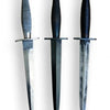Three The Fairbairn-Sykes Fighting Knife models by Schiffer Publishing, Ltd. stand upright side by side, each featuring a double-edged blade, crossguard, and unique metal handle designs in varied colors and textures—perfect for British dagger collectors.