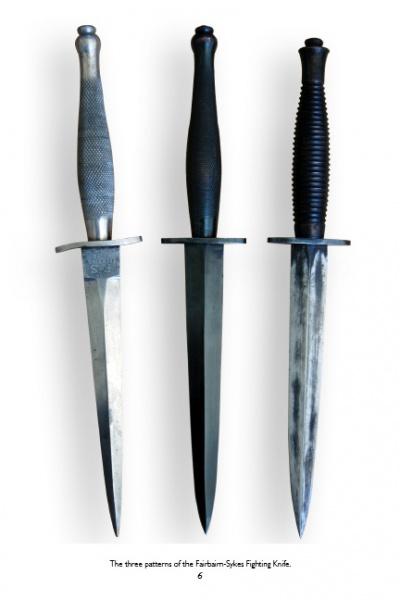 Three The Fairbairn-Sykes Fighting Knife models by Schiffer Publishing, Ltd. stand upright side by side, each featuring a double-edged blade, crossguard, and unique metal handle designs in varied colors and textures—perfect for British dagger collectors.