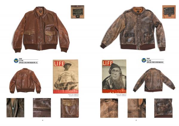 A catalog-style image of Rugged Style War—Rome by Schiffer Publishing, Ltd. displays four brown leather vintage military jackets, two LIFE magazine covers, detailed jacket close-ups, and tags, all arranged on a white background.