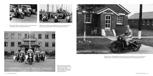 Four WWII-era black-and-white photos depict military police with Harley-Davidson WLA motorcycles. Group parades, officers on bikes, and a lone officer outside a brick building are shown. By Schiffer Publishing, Ltd.
