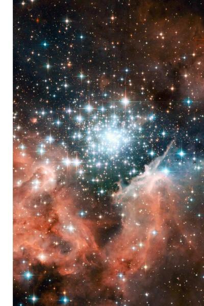A bright cluster of stars glows in a colorful nebula, with orange and blue clouds, resembling Hubble images—just like the inspiring art featured on the Sacred Space Meditation Cards by Schiffer Publishing, Ltd.