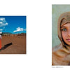 Left: A young girl in an orange dress holds a white goat outdoors; right: Close-up of a girl with blue-green eyes in a brown headscarf. Both images are from "Human Tribe" by Schiffer Publishing, Ltd.