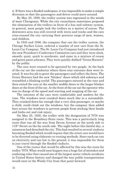 A page from *Chicago Disasters* by Schiffer Publishing, Ltd. covers the history of Chicago’s trolley system, showing how disasters like the Great Fire led to public transit shifts, including moving from trolleys to buses in the mid-20th century.
