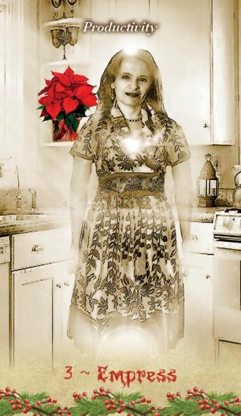 A sepia-toned image of a smiling woman in a floral dress stands in a vintage kitchen, a glowing heart on her chest. Poinsettias and greenery decorate the scene from A Christmas Tarot by Schiffer Publishing, Ltd.