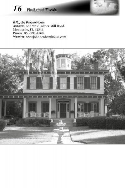 Black-and-white photo of a historic two-story house with a cupola and columns, featured in "Florida's Haunted Hospitality" by Schiffer Publishing, Ltd. Trees encircle the home, famed among haunted inns in Florida. Text includes John Denham House contact details.