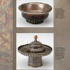 Top: A round burl wood butter container with metal trim, and bottom: a silver offering vessel with ornate lid—both featured in "Tibetan Artifacts" by Schiffer Publishing, Ltd., showcasing Tibetan craftsmanship on a neutral background.