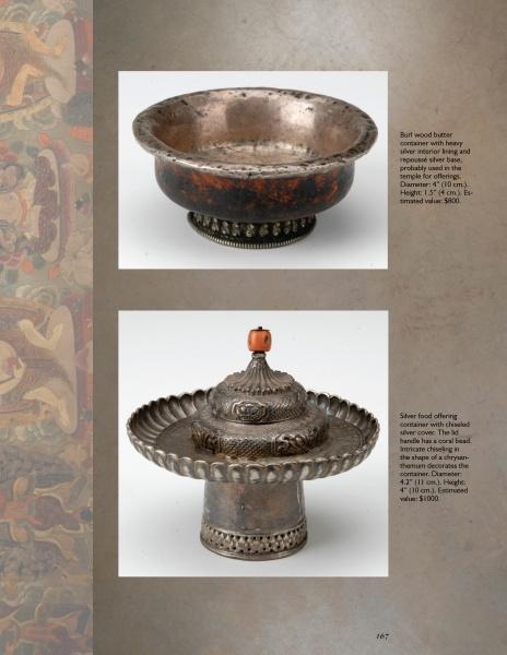 Top: A round burl wood butter container with metal trim, and bottom: a silver offering vessel with ornate lid—both featured in "Tibetan Artifacts" by Schiffer Publishing, Ltd., showcasing Tibetan craftsmanship on a neutral background.