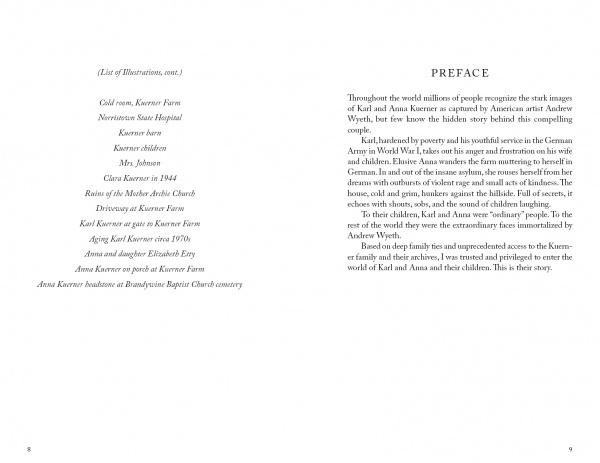 Two pages from "Frozen Lives" by Schiffer Publishing, Ltd.: the left lists names and titles; the right contains a preface on the Kuerner family, whose World War II experiences inspired Andrew Wyeth in the Brandywine Valley.
