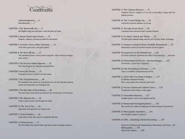 The table of contents for "Ghosts of the Poconos" by Schiffer Publishing, Ltd. features two-column chapter listings like “The Trans-Allegheny” and “The Columns Museum,” with page numbers and haunted tale summaries—ideal for paranormal enthusiasts.