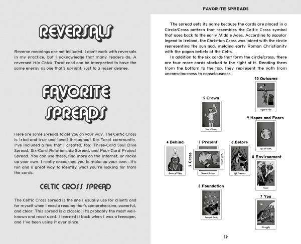 Two pages from the Hip Chick Tarot companion guide by Schiffer Publishing, Ltd. detail the “Favorite Spreads” section, showing a labeled ten-card Celtic Cross spread—ideal for diverse women exploring tarot.