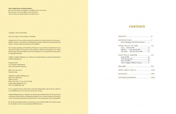 The left page of Down by the Feed Mill by Schiffer Publishing, Ltd. shows publication and copyright info in black on light yellow. The right page, titled CONTENTS, lists sections on grain elevators and feed mills in a centered layout.