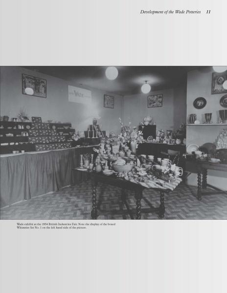 A black-and-white photo of a room showcasing shelves and tables filled with collectible Wade Whimsies miniatures, vases, and pottery. Signs and lamps hang from the ceiling, and a checkered floor suggests an exhibition. Product: The World of Wade Whimsies by Schiffer Publishing, Ltd.
