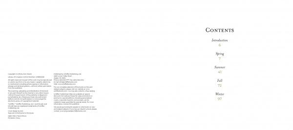 The left page shows copyright and publication info for "Seasons of Lancaster County" by Schiffer Publishing, Ltd.; the right page lists contents—Introduction, Amish photography, and photo sections for Spring, Summer, Fall, and Winter in Lancaster County.