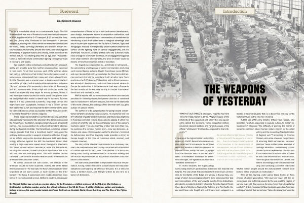 A two-page spread in For Want of a Gun (Schiffer Publishing, Ltd.) shows a foreword on the left and The Weapons of Yesterday introduction on the right, over a black-and-white photo of a WWII tank factory bustling with activity.