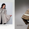 Two pages from "Artistry in Fiber, Vol. 3" by Schiffer Publishing, Ltd. display a woman modeling a beige pleated coat with black trim; insets show fabric details and history, while the right page highlights the coat’s striking back layers.