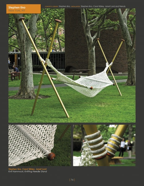 The Mind & Hand hammock by Schiffer Publishing, Ltd. hangs between four wooden poles on grass near trees and a brick building; close-ups of its rope knots emphasize details appealing to interior designers and handmade furniture lovers.