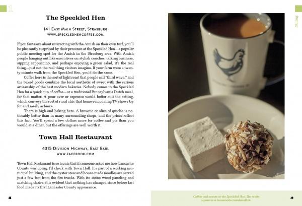 An open book, "Lancaster County Bucket List" by Schiffer Publishing, Ltd., shows a mug with a chicken logo, a marshmallow, and a pastry, highlighting must-visit Amish spots in Lancaster County.