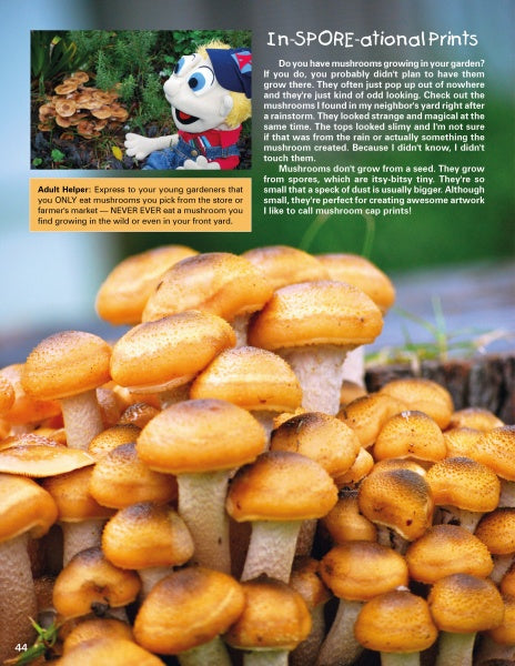 A close-up of orange mushrooms on a log, with a cartoon mascot and child observing—perfect inspiration for autumn garden activities from Schiffer Publishing, Ltd.'s "Kinder Gardens: Autumn Fun." Text and a yellow info box overlay the image.