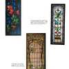 Old Stained Glass for the Home by Schiffer Publishing, Ltd. features three panels: one with colorful autumn leaves, one with green vines and red jewels, and one with Arts and Crafts floral and vine designs on pale glass.