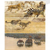 Three horizontal animal paintings featured in "The Contemporary Art of Nature" by Schiffer Publishing, Ltd.: cheetah chasing zebras, two cheetahs running in grass, and four antelopes at a riverbank—ideal for any animal art book collection.