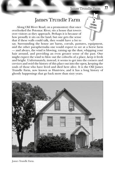 A page from "In Search of Maryland Ghosts" by Schiffer Publishing, Ltd. features a black-and-white photo of a two-story farmhouse and tells the story of James Trundle Farm, a haunted site in Montgomery County.