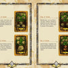 Two illustrated pages from The Illuminati Tarot by Schiffer Publishing, Ltd. feature card images and brief meanings for Tree, Four, Five, and Six of Coins—covering abundance, stability, change, and spiritual learning on parchment-style backgrounds.