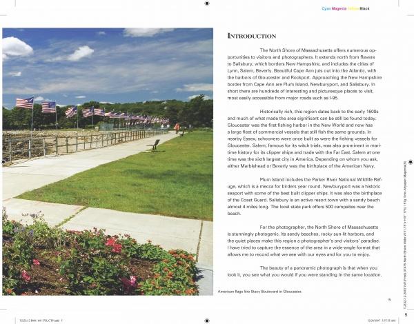 A pathway lined with American flags runs beside a river and blooming garden under a partly cloudy sky, captured in "North Shore Wide" by Schiffer Publishing, Ltd.—a classic photograph evoking patriotism and tranquility in Massachusetts.