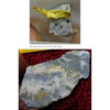Two photos from "Jewels of the Early Earth" by Schiffer Publishing, Ltd. show gold in quartz: the top displays a large vein in a quartz chunk, while the bottom features gold flecks in quartz on a red surface.